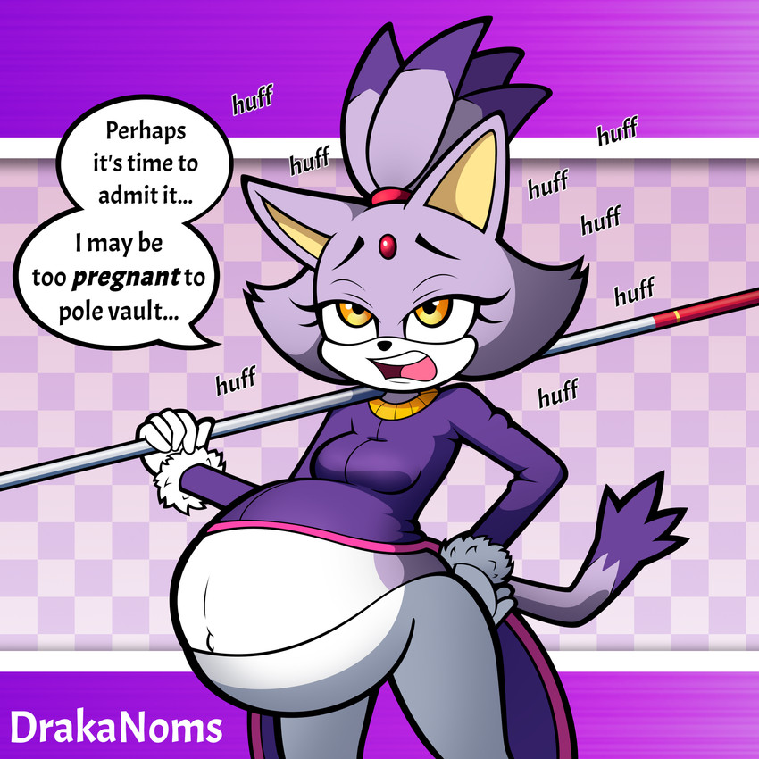 anthro belly big_belly bottomwear breasts clothing female fur overweight overweight_anthro overweight_female pants pole pregnant pregnant_anthro pregnant_female purple_body purple_clothing purple_fur simple_background solo speech_bubble text thick_thighs white_belly wide_hips yellow_eyes drakanoms sega sonic_the_hedgehog_(series) blaze_the_cat domestic_cat felid feline felis mammal 1:1 2020 absurd_res english_text hi_res