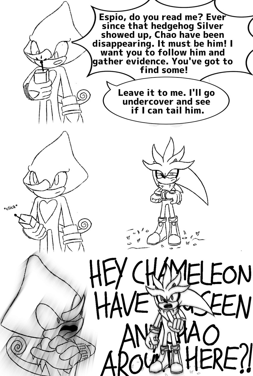 anthro bracelet chest_tuft click clothing dialogue duo electronics gloves grass handwear horn jewelry male plant quills_(anatomy) rude speech_bubble surprised_expression tuft walkie-talkie true_blue_sonic sega sonic_the_hedgehog_(series) espio_the_chameleon silver_the_hedgehog chameleon eulipotyphlan hedgehog lizard mammal reptile scalie comic hi_res