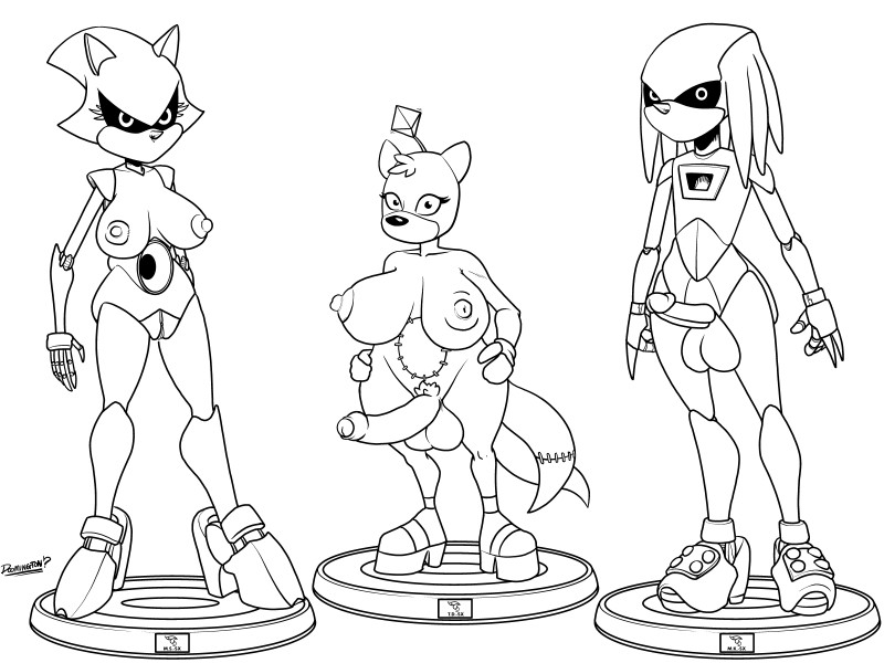 anthro balls big_balls big_breasts breasts crossgender erection female femboy genitals group gynomorph humanoid_genitalia humanoid_penis intersex long_penis looking_at_viewer machine male nipples penis doomington sega sonic_the_hedgehog_(series) metal_knuckles metal_sonic tails_doll canid canine echidna eulipotyphlan fox hedgehog mammal monotreme robot 4:3 absurd_res black_and_white hi_res monochrome