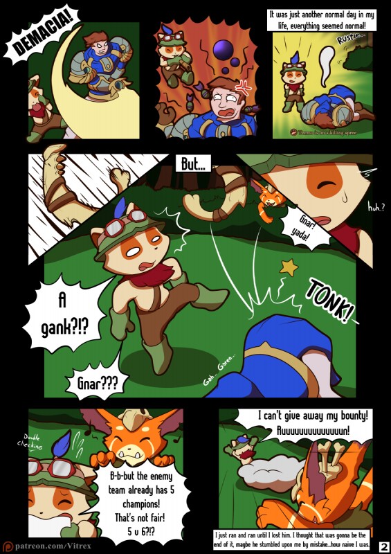 armor big_eyes boomerang clothed clothing dialogue fur holding_melee_weapon holding_object holding_sword holding_weapon male melee_weapon open_mouth ranged_weapon surprise sword teeth text weapon vitrex league_of_legends riot_games tencent garen_(lol) gnar_(lol) teemo_(lol) human mammal yordle comic digital_media_(artwork) english_text hi_res url