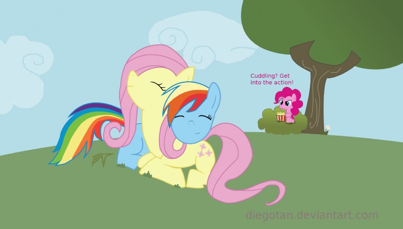 being_watched blue_body blue_fur cloud cuddling dialogue female feral food fur group hair hug looking_at_another multicolored_hair outside pink_body pink_fur plant popcorn rainbow_hair shrub sky text tree wood diegotan friendship_is_magic hasbro my_little_pony fluttershy_(mlp) pinkie_pie_(mlp) rainbow_dash_(mlp) earth_pony equid equine horse mammal pony hi_res