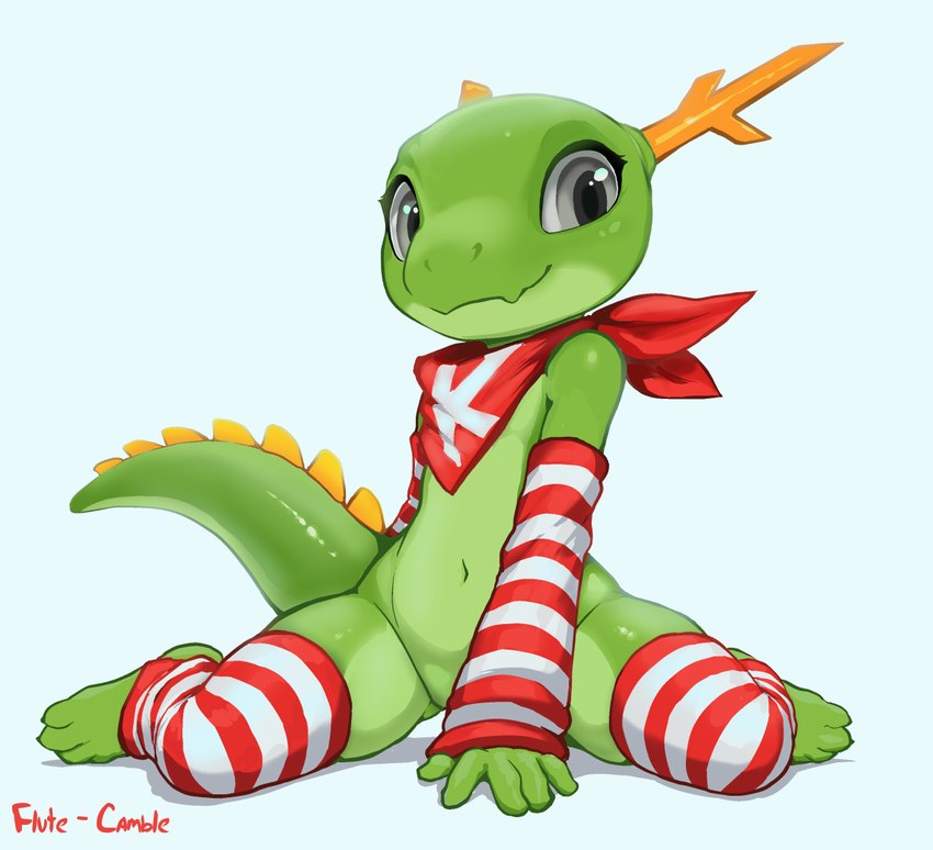 anthro clothing green_body green_scales legwear looking_at_viewer male scales simple_background solo stockings white_background flute_(artist) kde mythology konqi dragon mythological_creature mythological_scalie scalie