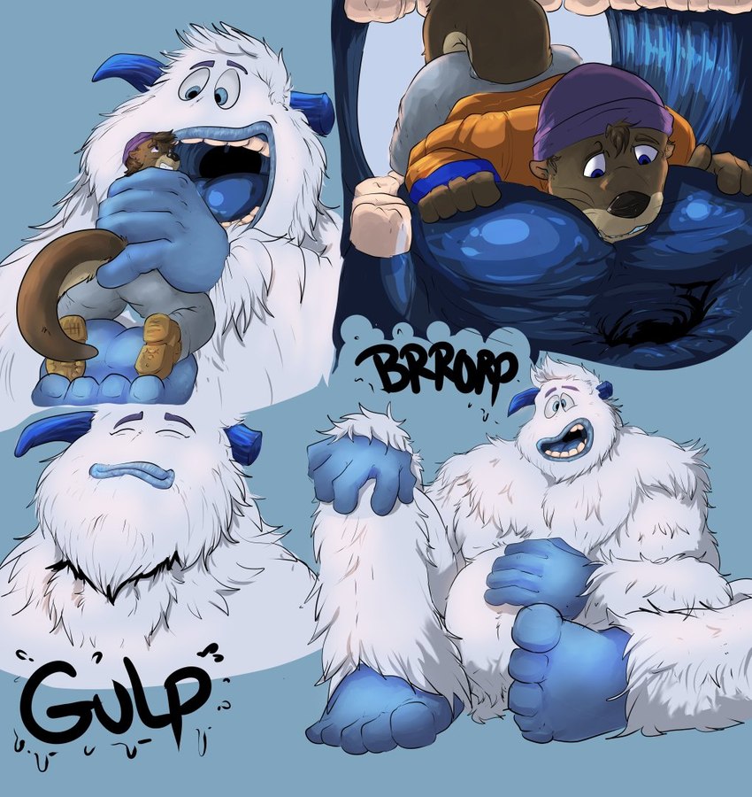 anthro bangs belly big_belly blue_background blue_eyes blue_horn blue_tongue bottomwear broken_horn brown_body brown_fur burping clothed clothed_prey clothing duo eyebrows feet fluffy footwear fully_clothed fur fuzzy gulp_(sound_effect) hair hand_held hand_on_belly hand_on_knee hand_on_leg handheld hat headgear headwear holding_another horn in_mouth internal larger_male larger_pred lying male male/male mouth_shot nervous on_front open_mouth oral_vore otter_tail pants prey_in_mouth safe_vore shirt shoes simple_background sitting size_difference smaller_male smaller_prey smile soft_vore swallowing tail teeth throat tongue topwear uvula vore whiskers white_body white_fur willing_pred pandottermon smallfoot migo_(smallfoot) humanoid mammal mustelid otter yeti multiple_images sequence