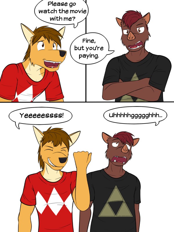 anthro dialogue duo excited male open_mouth teeth text tongue triforce fuze nintendo power_rangers texnatsu the_legend_of_zelda jorge_san_nicolas mond_reyes canid canine canis coyote mammal suid suine sus_(pig) wild_boar 3:4 comic english_text hi_res