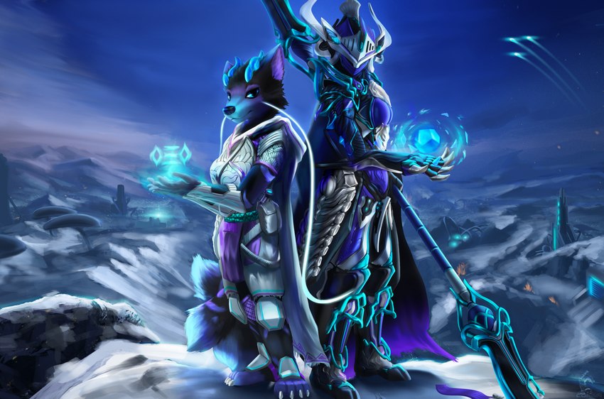 anthro armor black_body black_fur blue_eyes cape cheek_tuft claws clothing dragonsune duo energy facial_tuft feet female fingers fluffy_ears fur gear horn looking_at_viewer magic melee_weapon moutain multi_tail night orb polearm pouch_(clothing) purple_body purple_clothing purple_fur shoulder_pads sky snow spear tail toes tuft weapon corbin_(roscy) destiny_2 digital_extremes tencent warframe gara_(warframe) canid canine fox mammal blue_theme hi_res