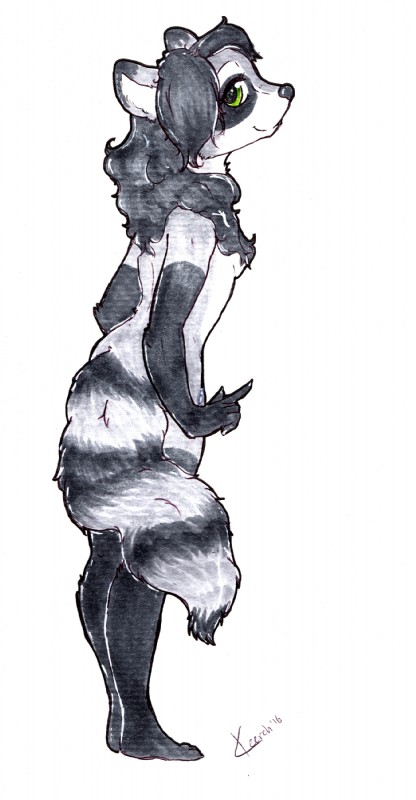 anthro biped breasts female fur green_eyes hair long_hair long_tail looking_at_viewer simple_background solo standing tail white_background keeroh kee_(raccoon) mammal procyonid raccoon hi_res monochrome traditional_media_(artwork)