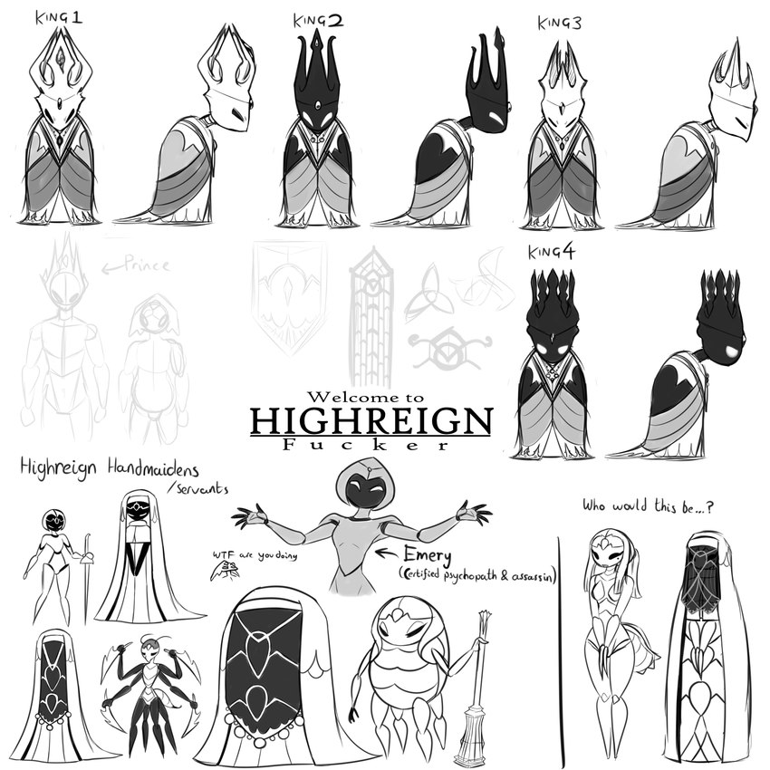 2_horns 4_arms 4_legs 5_fingers arrow_(weapon) arrowed assassin belly black_eyes black_text cloak clothed clothing covered_face crown delicate elegant eyes_closed female fingers forehead_gem gem grey_body group hair headgear holding_object holding_weapon horn king maiden male markings mole_(marking) multi_arm multi_leg multi_limb number prince profanity question_mark ranged_weapon royalty servant symbol tail text veil warrior weapon white_body white_eyes window latiar hollow_knight team_cherry emery_(latiar) harrold_(latiar) arthropod highreign 1:1 2021 concept_art digital_media_(artwork) english_text hi_res monochrome