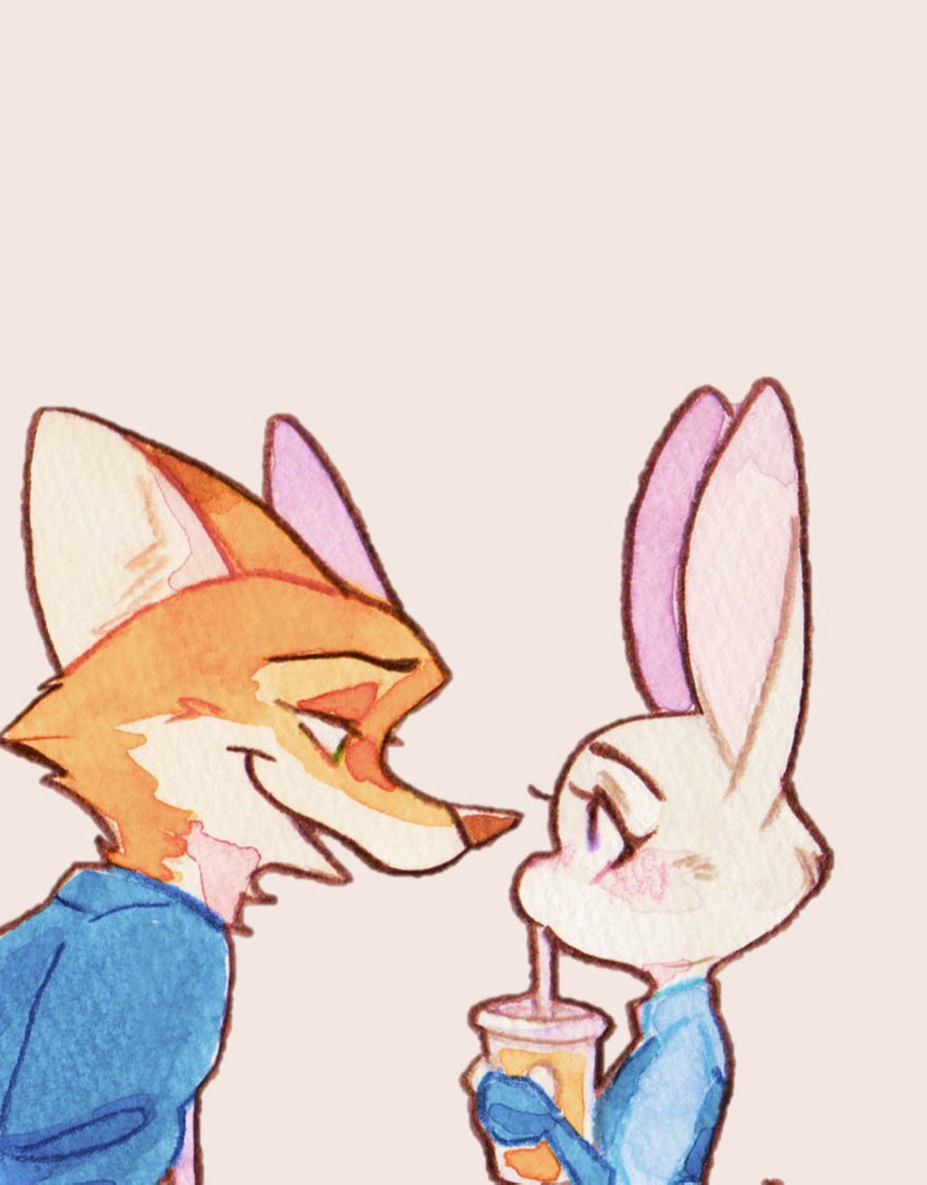 anthro clothed clothing container cup drinking drinking_straw duo eye_contact fur holding_container holding_cup holding_object looking_at_another orange_body orange_fur pink_background simple_background strawberry628_(artist) disney zootopia judy_hopps nick_wilde canid canine fox lagomorph leporid mammal rabbit red_fox true_fox 2020 painting_(artwork) traditional_media_(artwork) traditional_painting_(artwork) traditional_watercolor_(artwork) watercolor_(artwork)