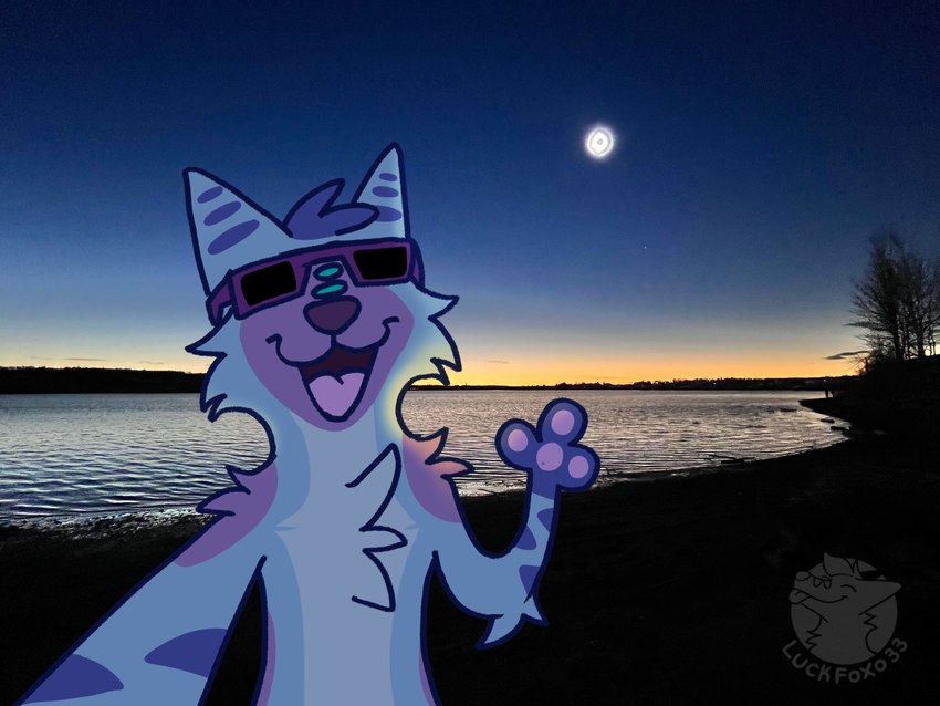 anthro arm_tuft blue_body blue_fur blue_hair cheek_tuft chest_tuft eclipse elbow_tuft eyewear facial_tuft fur glasses green_markings hair light male markings moon open_mouth open_smile pawpads paws photo_background pink_pawpads purple_body purple_fur selfie silly silly_face smile solar_eclipse solo sun sunglasses sunlight text tuft luckfoxo33 tolng canid canine fox mammal 4:3 absurd_res draw_over english_text hi_res meme photography_(artwork) andromorph_(lore) trans_(lore) trans_man_(lore)