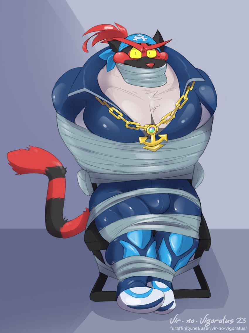 anthro bandanna chair clothing cosplay costume furniture gag jewelry kerchief male muscular necklace pecs skinsuit solo tail tape tape_gag tight_clothing wetsuit vir-no-vigoratus nintendo pokemon team_aqua archie_(pokemon) domestic_cat felid feline felis generation_7_pokemon incineroar mammal pokemon_(species) 3:4 hi_res