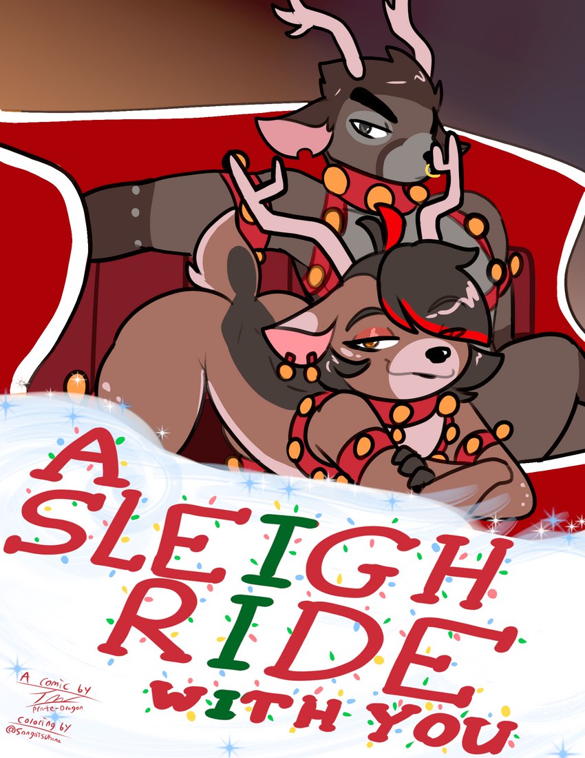 anthro antlers ass_up bell bell_harness brown_eyes duo facial_piercing grey_eyes harness horn looking_at_viewer male nose_piercing piercing sitting sleigh text prate-dragon coco_(prate) tinsel_(prate) deer mammal new_world_deer reindeer 2023 cover cover_art cover_page english_text hi_res