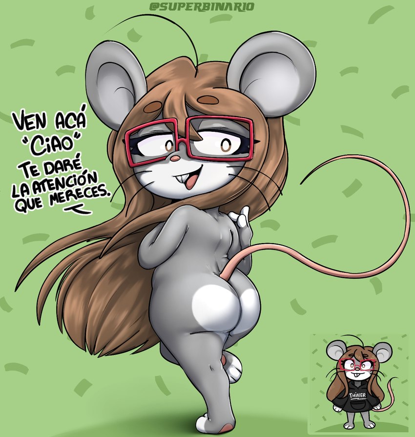 anthro brown_hair butt dialogue eyewear female fur glasses grey_body hair looking_at_viewer nude red_eyewear red_glasses simple_background smile smiling_at_viewer solo text youtuber superbinario cukizilla mammal murid murine rat rodent digital_media_(artwork) hi_res spanish_text translated