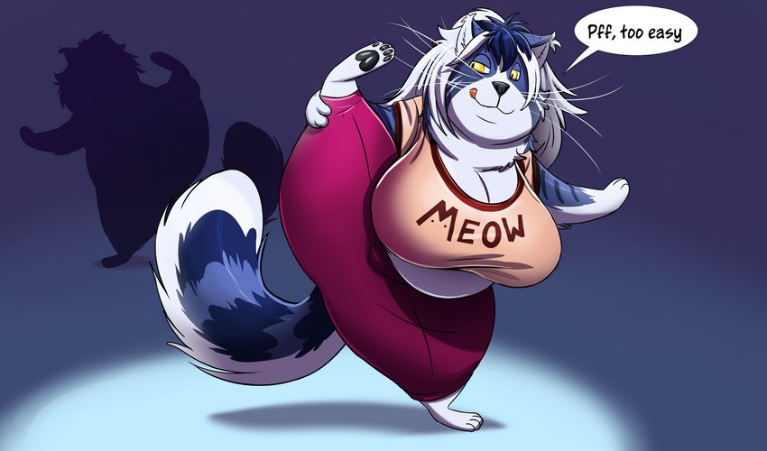 anthro arm_around_leg barefoot big_breasts bottomwear breasts cleavage clothed clothing dialogue feet female fur hair licking licking_lips looking_aside obese one_leg_up overweight pants paws raised_leg raised_tail shadow shirt short_stack slightly_chubby slightly_chubby_anthro slightly_chubby_female smile smirk solo speech_bubble tail text tongue tongue_out topwear whiskers shenzel shenzel_(shenzel) domestic_cat felid feline felis mammal 2020 hi_res