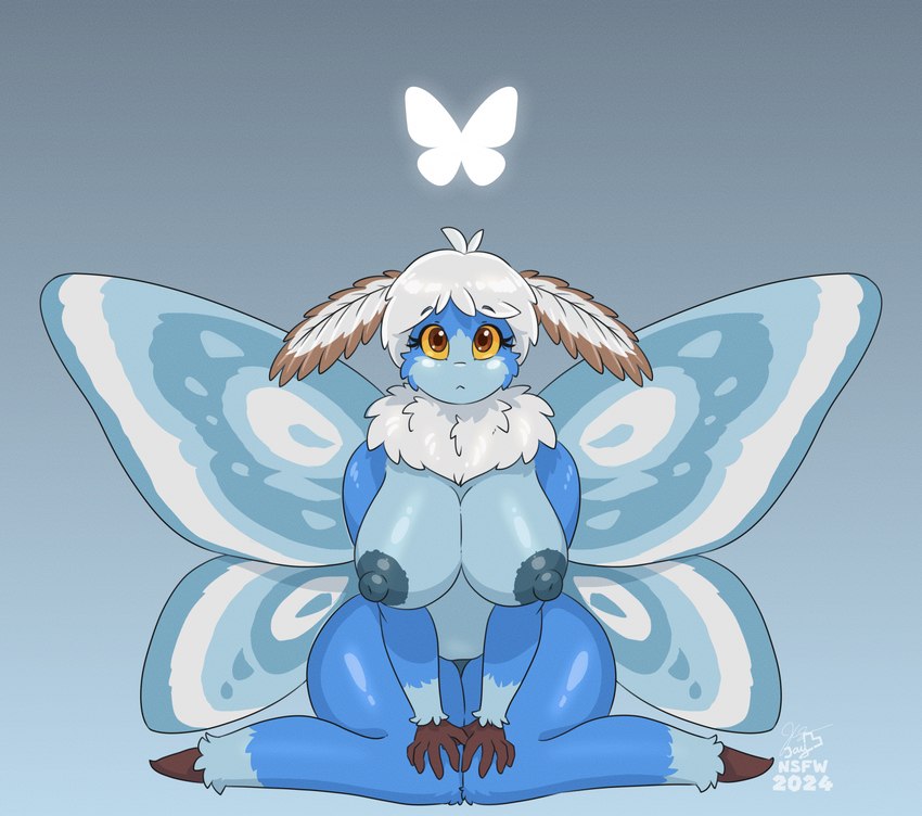 2_antennae 4_wings 5_fingers ankle_tuft antennae_(anatomy) anthro areola arm_tuft back_wings big_breasts blue_areola blue_body blue_fur blue_nipples blue_wings breasts brown_antennae brown_eyes brown_feet brown_hands cheek_tuft countershade_face countershade_torso countershading curvy_figure eyebrow_through_hair eyebrows eyelashes facial_tuft featureless_feet feet female fingers fur gloves_(marking) gradient_background grey_background hair insect_wings knee_tuft kneeling leg_markings leg_tuft lepidopteran_wings logo looking_at_viewer markings moth_antennae multi_wing neck_tuft nipples nude short_hair simple_background socks_(marking) solo spread_wings thick_thighs translucent translucent_hair tuft voluptuous white_antennae white_body white_fur white_hair wings wrist_tuft yellow_sclera sammfeatblueheart bluesky_(social_media) arthropod insect lepidopteran moth 2024 artist_logo hi_res signature