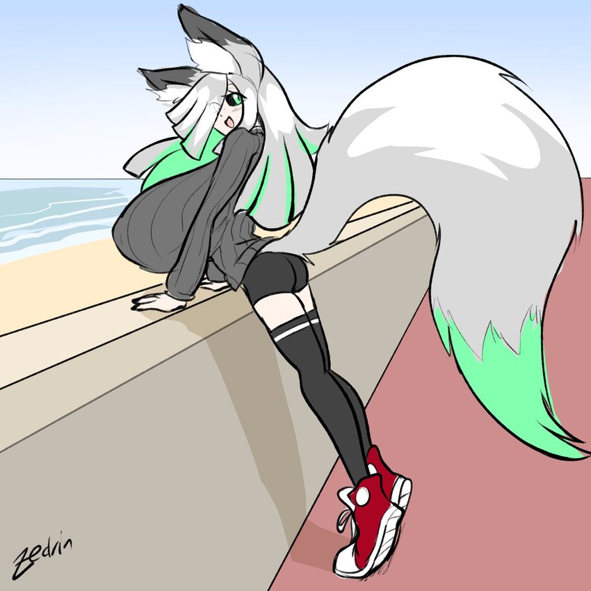 beach big_breasts black_sclera bottomwear breasts butt clothing female footwear green_eyes green_hair grey_hair hair huge_breasts hyper hyper_breasts looking_back multicolored_hair one_eye_obstructed open_mouth sand seaside shadow shirt shoes shorts smile solo tail text topwear water zedrin fuyumi_(zedrin) animal_humanoid canid canid_humanoid canine canine_humanoid fox_humanoid humanoid mammal mammal_humanoid 1:1 hi_res signature