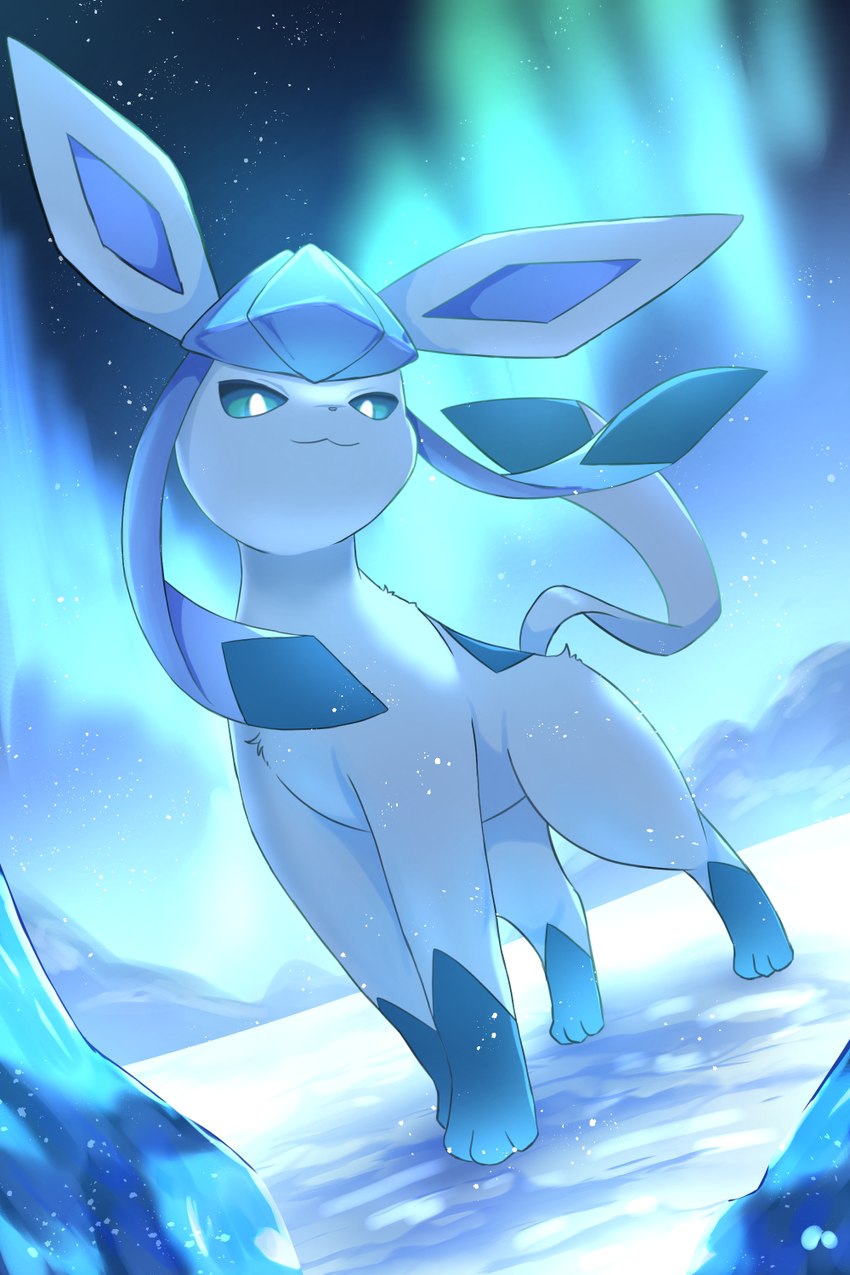 ambiguous_feral ambiguous_gender aurora_(phenomenon) blue_body blue_ears blue_fur blue_nose blue_sclera blue_tail feral fur looking_at_viewer nude snow solo tail white_eyes rumine nintendo pokemon eeveelution generation_4_pokemon glaceon pokemon_(species) 2025 2:3 hi_res