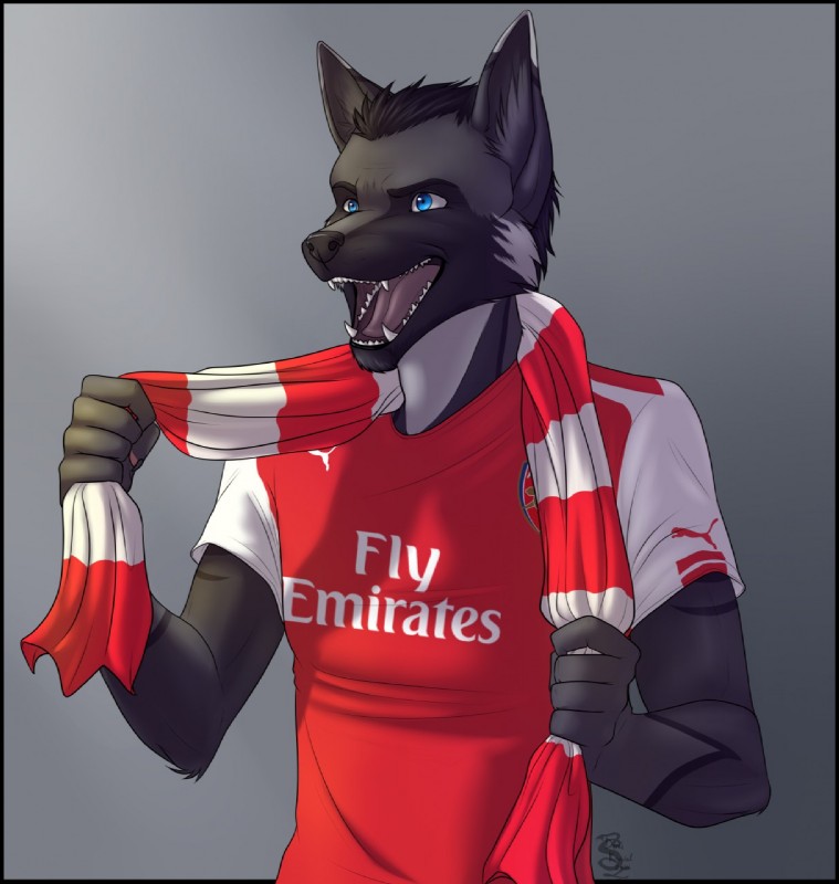 anthro biped black_hair black_nose blue_eyes clothed clothing excited fangs fur grey_background grey_body grey_fur hair jersey male open_mouth print_clothing print_jersey print_topwear scarf simple_background smile soccer solo sport standing teeth text text_on_clothing text_on_jersey text_on_topwear text_print tongue topwear hastogs arsenal_fc puma_(company) canid canine mammal 2014 digital_media_(artwork) english_text hi_res shaded