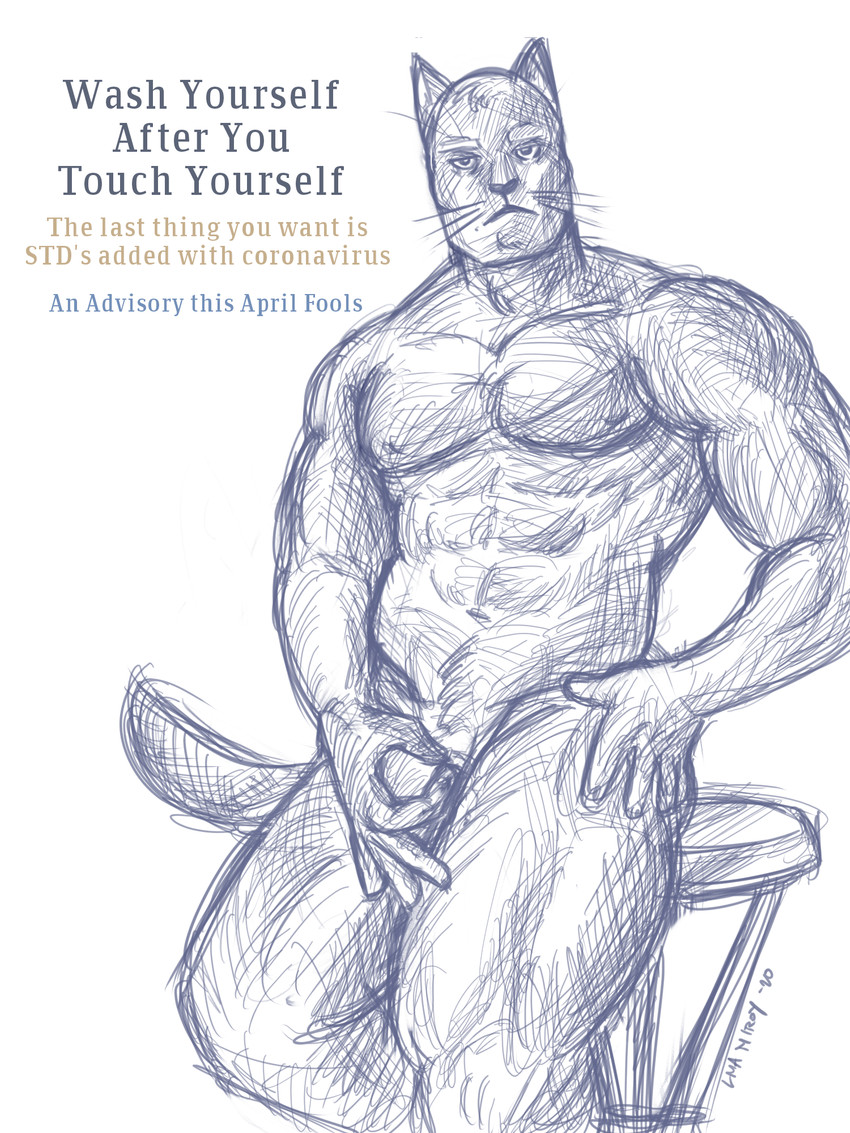 advice anthro barazoku gesture hand_gesture holidays looking_at_viewer male muscular muscular_anthro muscular_male nude ok_sign solo text the_circle_game alexyorim april_fools'_day covid-19_pandemic fan_character janus_(alexyorim) domestic_cat felid feline felis mammal 2020 3:4 english_text hi_res