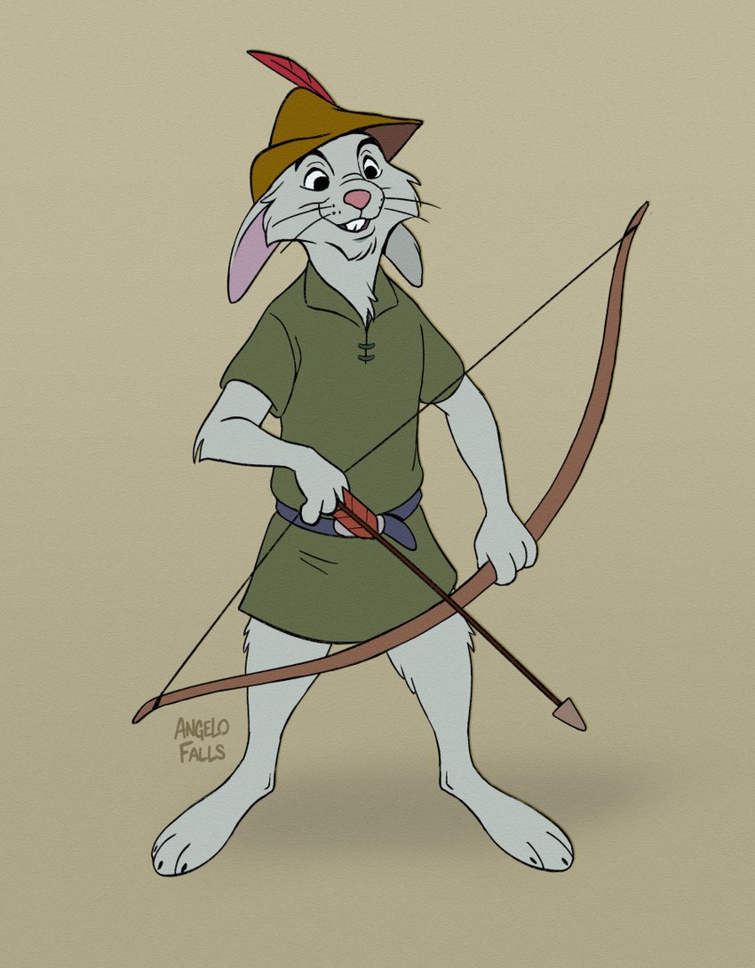 aged_up anthro archer archery arrow_(weapon) bow_(weapon) buckteeth cheek_tuft clothing ears_down facial_tuft fur hat hat_feather headgear headwear loose_feather male neck_tuft pink_nose pivoted_ears ranged_weapon round_eyes shirt smile solo teeth text topwear tuft tunic weapon whiskers white_body white_fur angelofalls conditional_dnp disney robin_hood_(disney) skippy_(robin_hood) hare lagomorph leporid mammal rabbit 2025 artist_name digital_drawing_(artwork) digital_media_(artwork) full-length_portrait portrait signature watermark