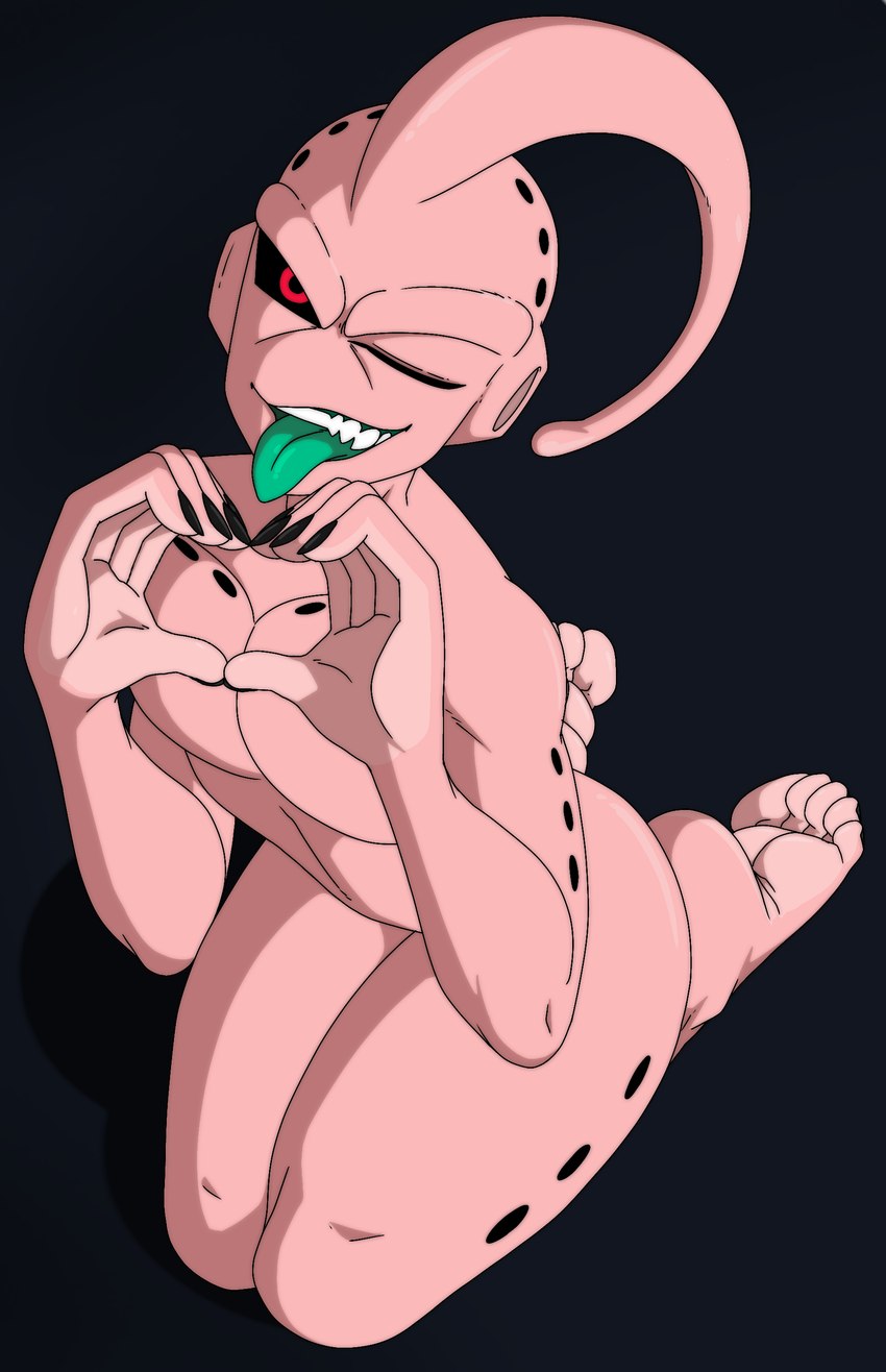 5_toes black_sclera feet gesture green_tongue hand_gesture humanoid_feet kneeling looking_at_viewer male nude one_eye_closed open_mouth open_smile pink_body pink_skin plantigrade red_eyes smile soles solo toes tongue tongue_out wink winking_at_viewer foot_ninja15 dragon_ball dragon_ball_super kid_buu majin_buu alien humanoid majin absurd_res hi_res