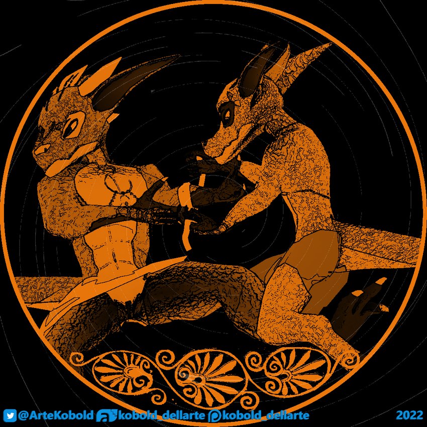 anthro bandage bandaged_arm claws clothed clothing duo horn male male/male simple_background kobold_dellarte european_mythology greek_mythology mythology gavit kobold reptile scalie 1:1 digital_media_(artwork)