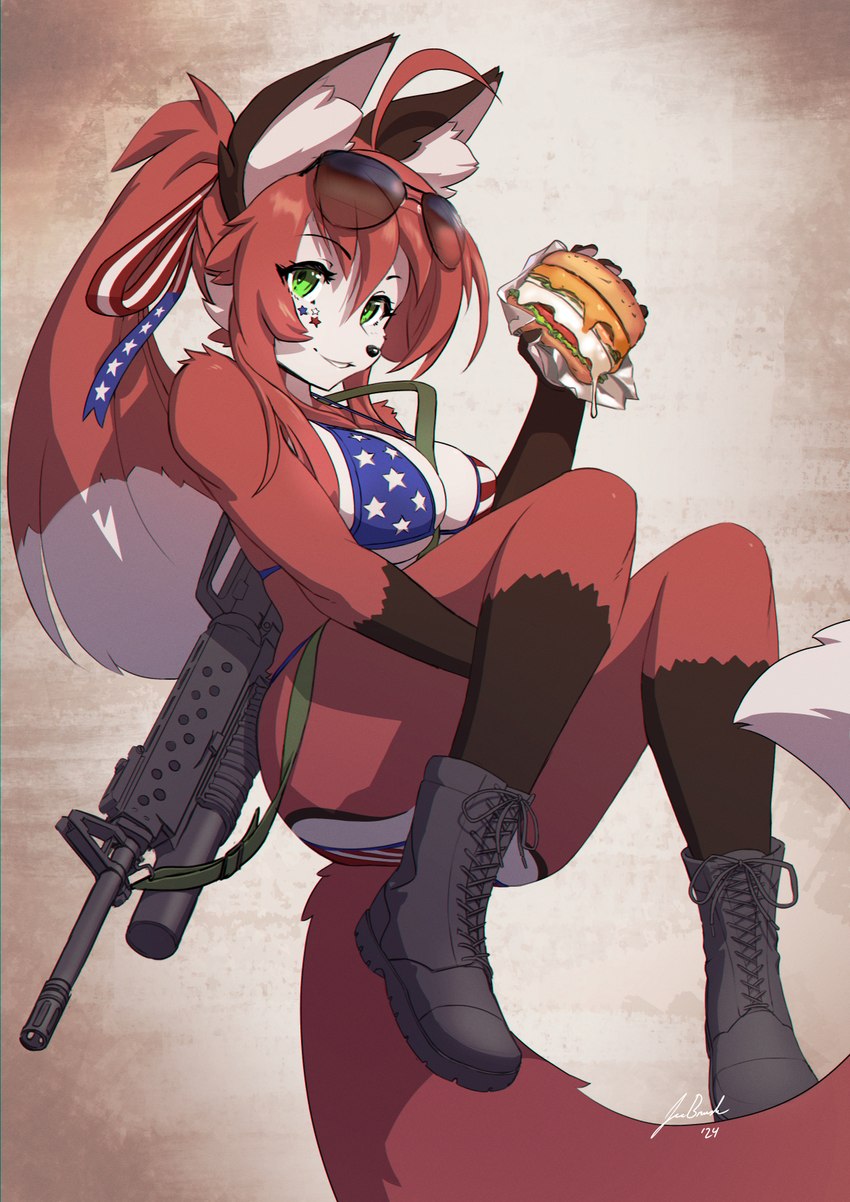 accessory american_flag_bikini anthro arm_tuft assault_rifle bikini boots breasts burger clothing eyebrow_through_hair eyebrows eyelashes eyewear eyewear_on_head female flag_bikini food footwear fur gloves_(marking) green_eyes grenade_launcher gun hair hair_accessory hair_ribbon inner_ear_fluff kemono leg_markings looking_at_viewer m16 markings ponytail ranged_weapon red_body red_fur red_hair ribbons rifle shoes shoulder_tuft smile socks_(marking) solo sunglasses sunglasses_on_head swimwear translucent translucent_hair tuft two-piece_swimsuit weapon white_body white_fur jecbrush nora_leslie canid canine fox mammal hi_res