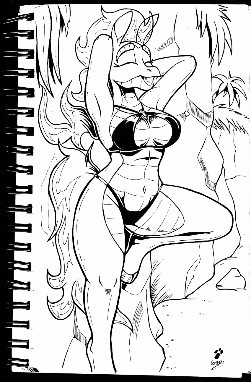 anthro anthrofied beach bikini biped breasts cliff clothing eyes_closed fangs female fire flaming_hair flaming_tail hand_behind_head hooves ink navel non-mammal_breasts non-mammal_navel one_leg_up open_mouth open_smile palm_tree plant pose pseudo_hair raised_leg seaside smile solo summer swimwear tail teeth tree two-piece_swimsuit unguligrade duragan asian_mythology chinese_mythology east_asian_mythology mythology them's_fightin'_herds tianhuo_(tfh) dragon hybrid longma mythological_creature mythological_equine mythological_scalie scalie 2023 absurd_res black_and_white hi_res monochrome pinup signature traditional_media_(artwork)