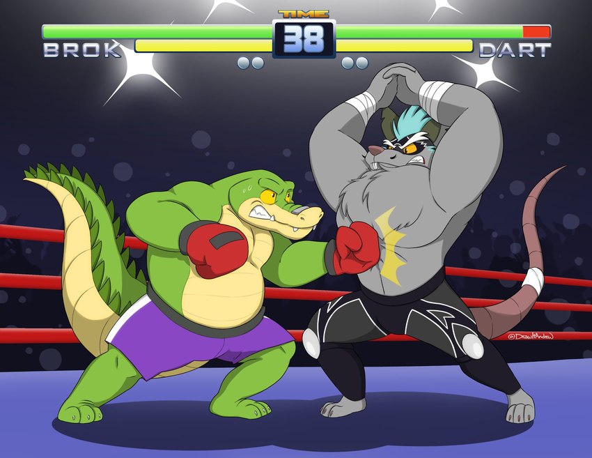 anthro bandage barefoot bottomwear boxing_gloves clothed clothing defensive duo feet fighting_game fighting_game_ui fur gameplay_mechanics green_body gui handwear health_bar male name_in_text number shorts timer topless topless_anthro topless_male drawitandrew brok_the_investigator cowcat_games brok_(brok_the_investigator) dart_(brok_the_investigator) alligator alligatorid crocodilian mammal mouse murid murine reptile rodent scalie 2022 character_name hi_res