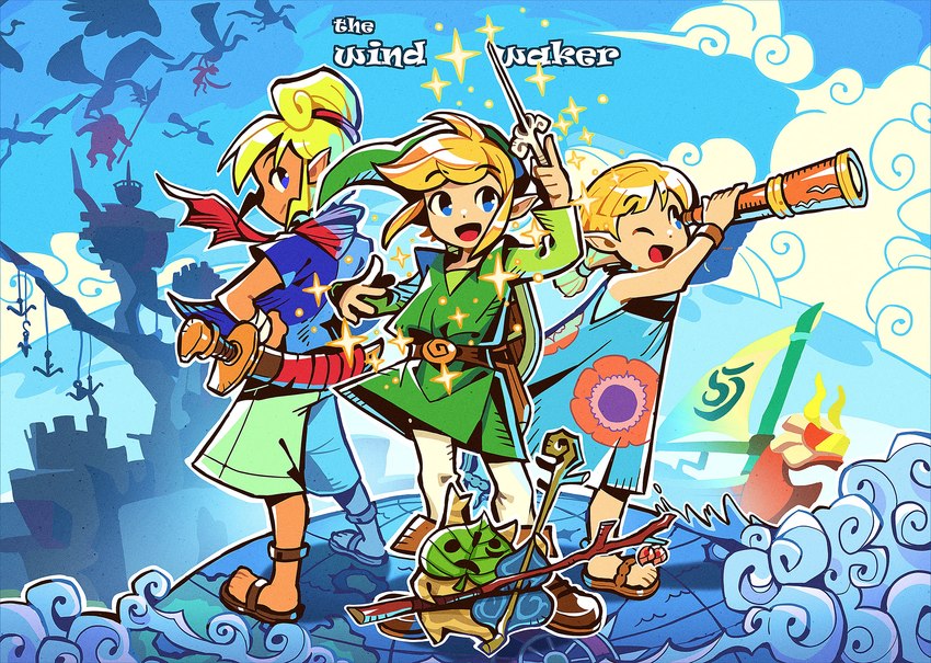 blonde_hair boat clothing cloud day female footwear group hair humanoid_pointy_ears male melee_weapon musical_instrument open_mouth open_smile pointy_ears sandals shoes silhouette smile sparkles sword telescope text vehicle watercraft weapon 9twoeight nintendo the_legend_of_zelda wind_waker aryll king_of_red_lions makar pirate_leader_tetra toon_link humanoid hylian korok 2023 absurd_res english_text hi_res