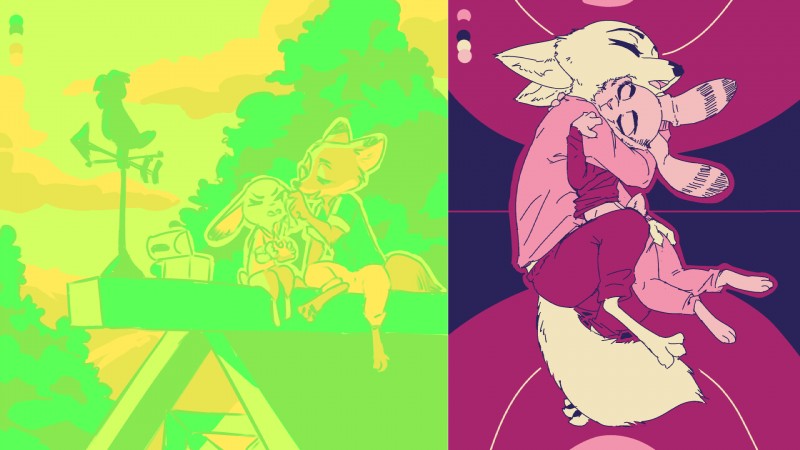 abstract_background ambiguous/ambiguous ambiguous_gender anthro butt butt_grab clothed clothing cloud color_swatch cuddling dipstick_ears dipstick_tail duo ear_markings eyes_closed facial_markings food fur fur_markings hand_on_butt head_markings holding_food holding_object lying markings midriff multicolored_ears multicolored_tail on_side pawpads plant rag sandwich_(food) scientific_instrument sitting sleeping tail tail_markings toolbox tree weather_instrument weathervane young ittybittykittytittys disney zootopia jack_savage judy_hopps nick_wilde skye_(zootopia) canid canine fox lagomorph leporid mammal rabbit red_fox true_fox 16:9 2019 green_theme hi_res multiple_images red_theme widescreen