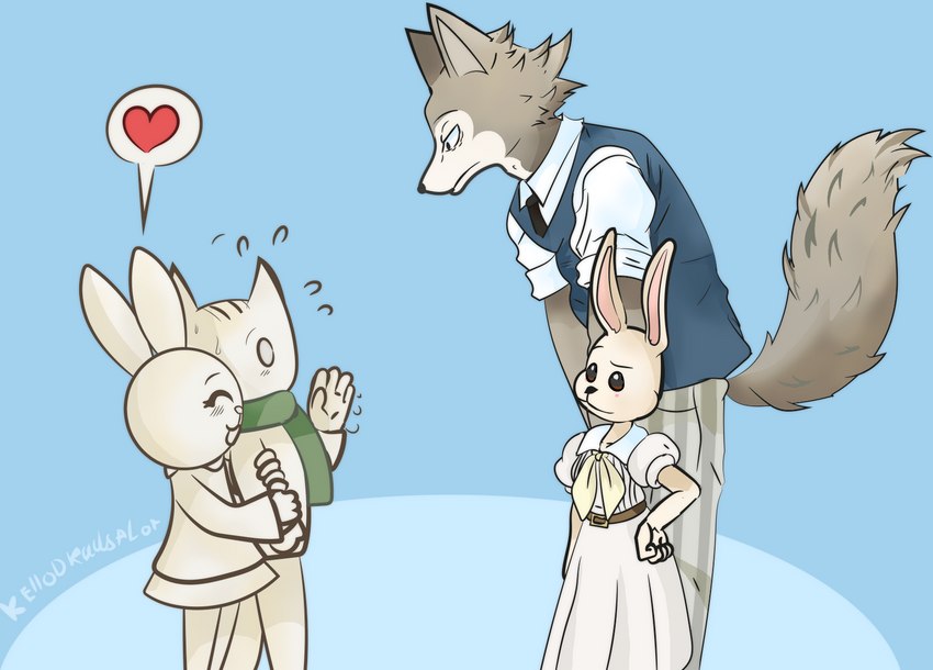 anthro blush bottomwear clothed clothing female fur gesture green_scarf grey_body grey_fur group heart_symbol interspecies male male/female romantic romantic_couple scarf school_uniform simple_background skirt topwear uniform waving white_body kello0x beastars there_she_is doki haru_(beastars) legoshi_(beastars) nabi canid canine canis domestic_cat domestic_rabbit dwarf_rabbit felid feline felis lagomorph leporid mammal netherland_dwarf_rabbit oryctolagus rabbit wolf 2019 crossover digital_media_(artwork)