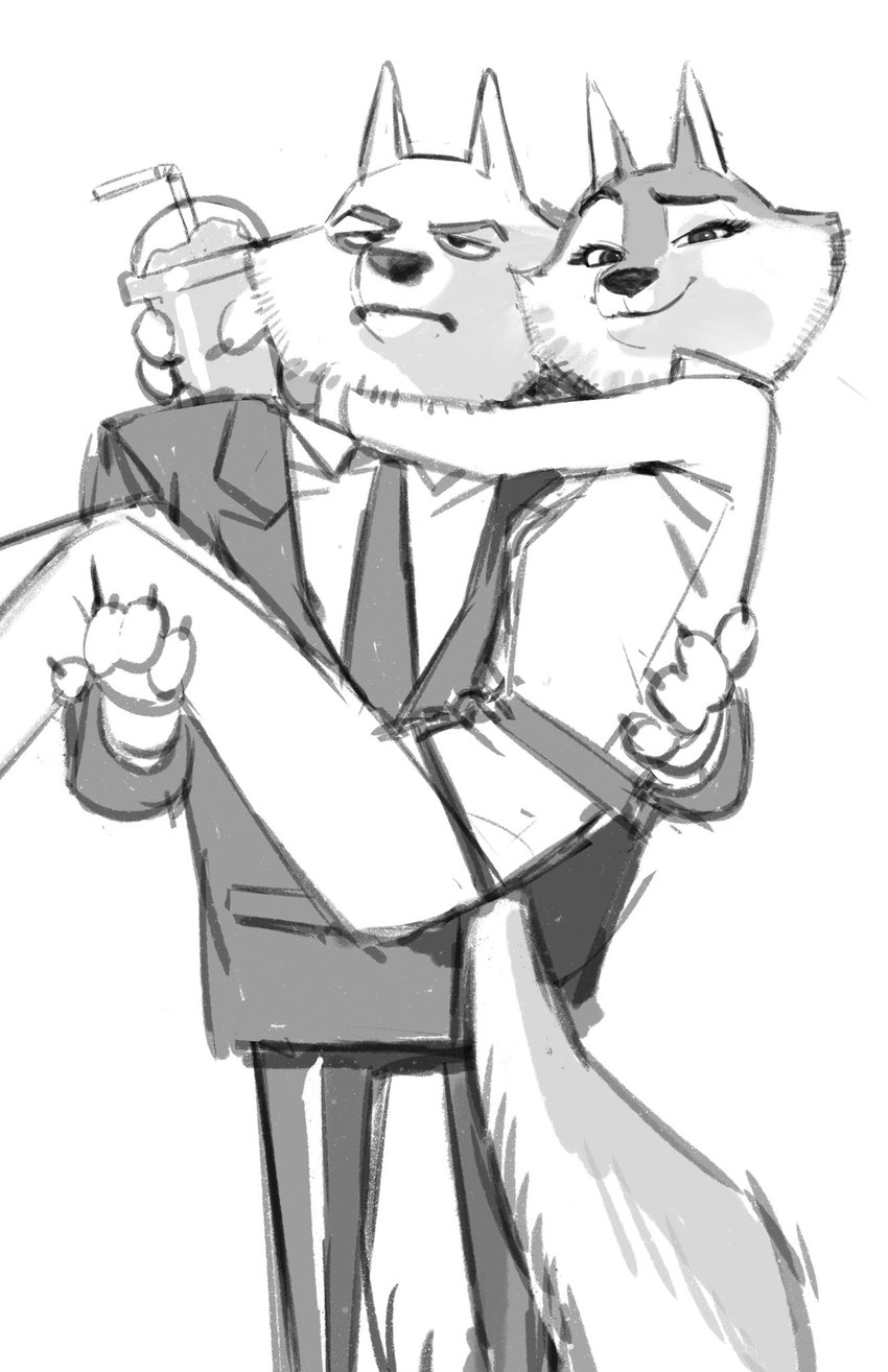 anthro bridal_carry carrying_another clothing duo female fluffy fluffy_tail holding_person male necktie slushie standing suit tail hutomayuu illumination_entertainment sing_(movie) jimmy_crystal porsha_crystal arctic_wolf canid canine canis mammal wolf hi_res monochrome daughter_(lore) father_(lore) father_and_child_(lore) father_and_daughter_(lore) parent_(lore) parent_and_child_(lore) parent_and_daughter_(lore)