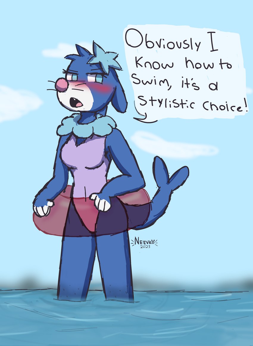 anthro blue_body clothing dialogue embarrassed female floatie inflatable one-piece_swimsuit open_mouth outside simple_background solo speech_bubble swimwear text water notsafeforvee nintendo pokemon generation_7_pokemon pokemon_(species) popplio absurd_res digital_media_(artwork) english_text hi_res