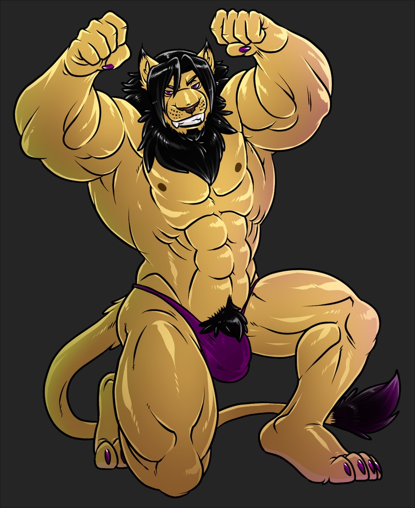 4_toes 5_fingers abs anthro bared_teeth biceps big_muscles black_mane bulge claws clothing fangs feet finger_claws fingers flexing flexing_bicep flexing_both_biceps fur grin hair looking_at_viewer male mane muscular muscular_anthro muscular_male nipples pecs pubes purple_claws purple_clothing purple_eyes purple_speedo purple_swimwear simple_background smile solo speedo swimwear tail tail_tuft teeth toe_claws toes tuft yellow_body yellow_fur neodokuro modem_(character) felid feline hybrid lion lynx mammal pantherine digital_media_(artwork) hi_res