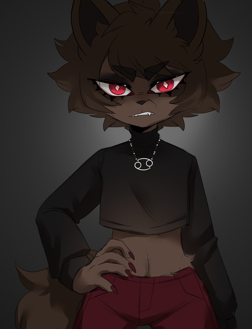 ambiguous_gender anthro black_clothing black_shirt black_topwear brown_body brown_fur brown_hair clothing fur hair red_eyes shirt short_hair simple_background solo tail topwear vloic canid mammal absurd_res digital_media_(artwork) hi_res