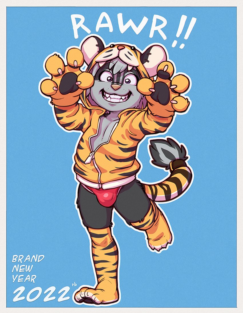 4_fingers animal_print anthro blue_background border bulge clothing fingers gloves grin handwear holidays legwear looking_at_viewer male on_one_leg pajamas paw_gloves rawr simple_background smile solo standing text tiger_print underwear white_border young young_anthro rb chinese_zodiac new_year new_year_2022 year_of_the_tiger scotty_kat mammal mephitid skunk 2022 english_text hi_res