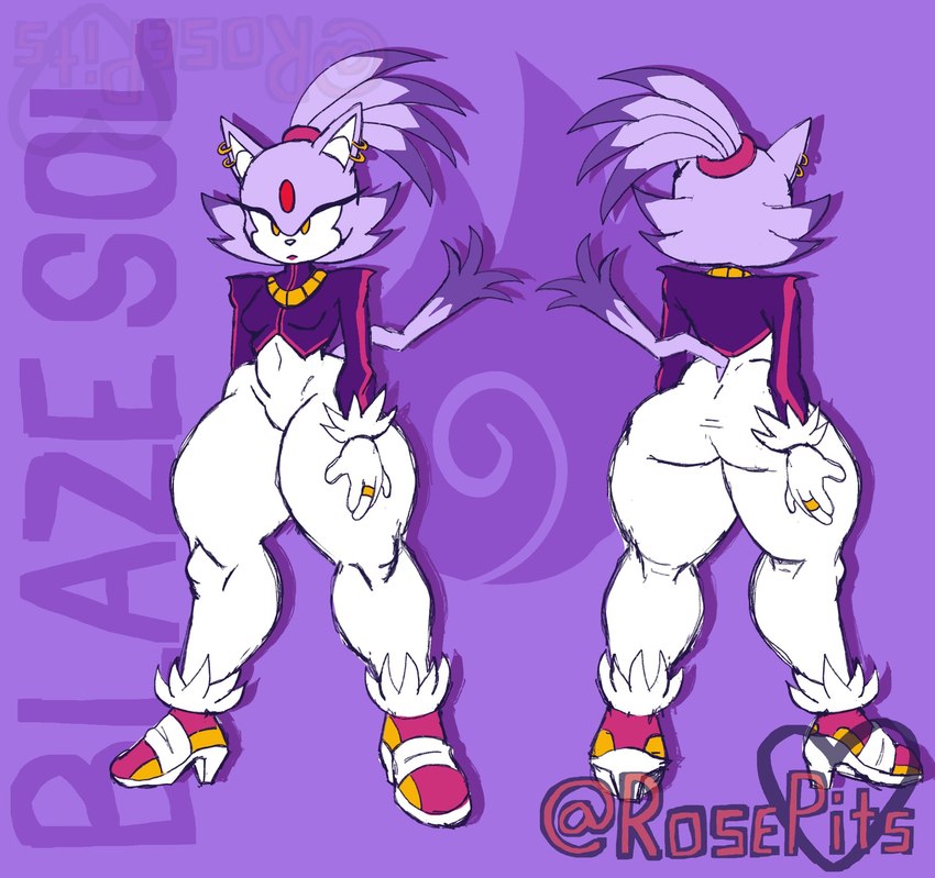 anthro big_butt bottomwear butt clothing coat digit_ring ear_piercing ear_ring female finger_ring footwear fur hair high_heels jewelry lipstick makeup navel orange_eyes pants piercing ponytail purple_body purple_fur ring_piercing shoes solo thick_thighs topwear rosepits sega sonic_the_hedgehog_(series) blaze_the_cat domestic_cat felid feline felis mammal hi_res model_sheet