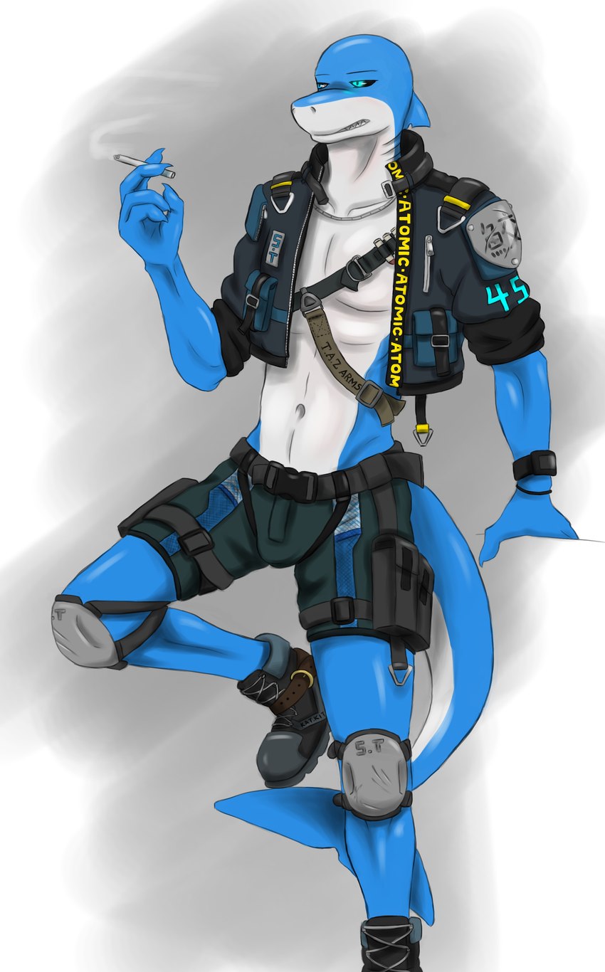 anthro black_sclera blue_body blue_eyes boots clothed clothing cropped_jacket footwear fully_clothed knee_pads looking_aside looking_away male multicolored_body shoes smoking solo two_tone_body krahs_tsai krahs_(krahs_tsai) fish marine shark absurd_res hi_res