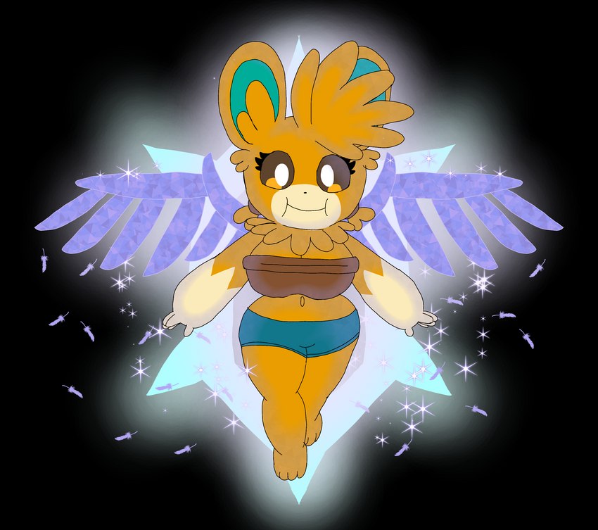 anthro big_breasts black_background breasts brown_eyes crystal feathers female glowing iridescent simple_background solo sparkles wide_hips wings monterrioashmore nintendo pokemon tangerie_the_pawmot generation_9_pokemon pawmot pokemon_(species) terastallization absurd_res hi_res