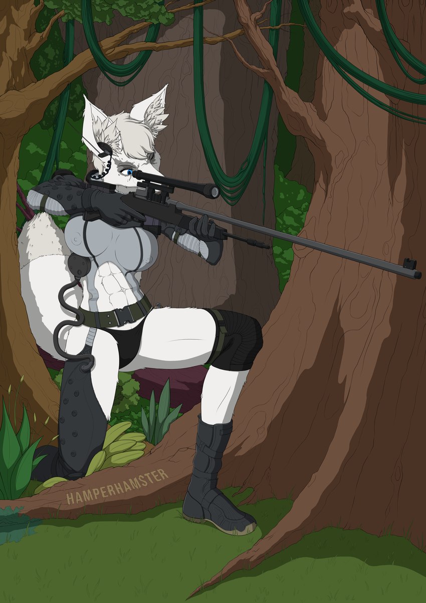 abs aiming aiming_weapon anthro bikini bikini_bottom blue_eyes clothed clothing crouching earpiece female forest fur gun jungle muscular muscular_female nipple_outline partially_clothed plant ranged_weapon rifle sniper_rifle solo swimwear tree two-piece_swimsuit weapon white_body white_fur hamperhamster konami metal_gear metal_gear_solid_v fan_character katie_cole canid canine fox mammal absurd_res hi_res