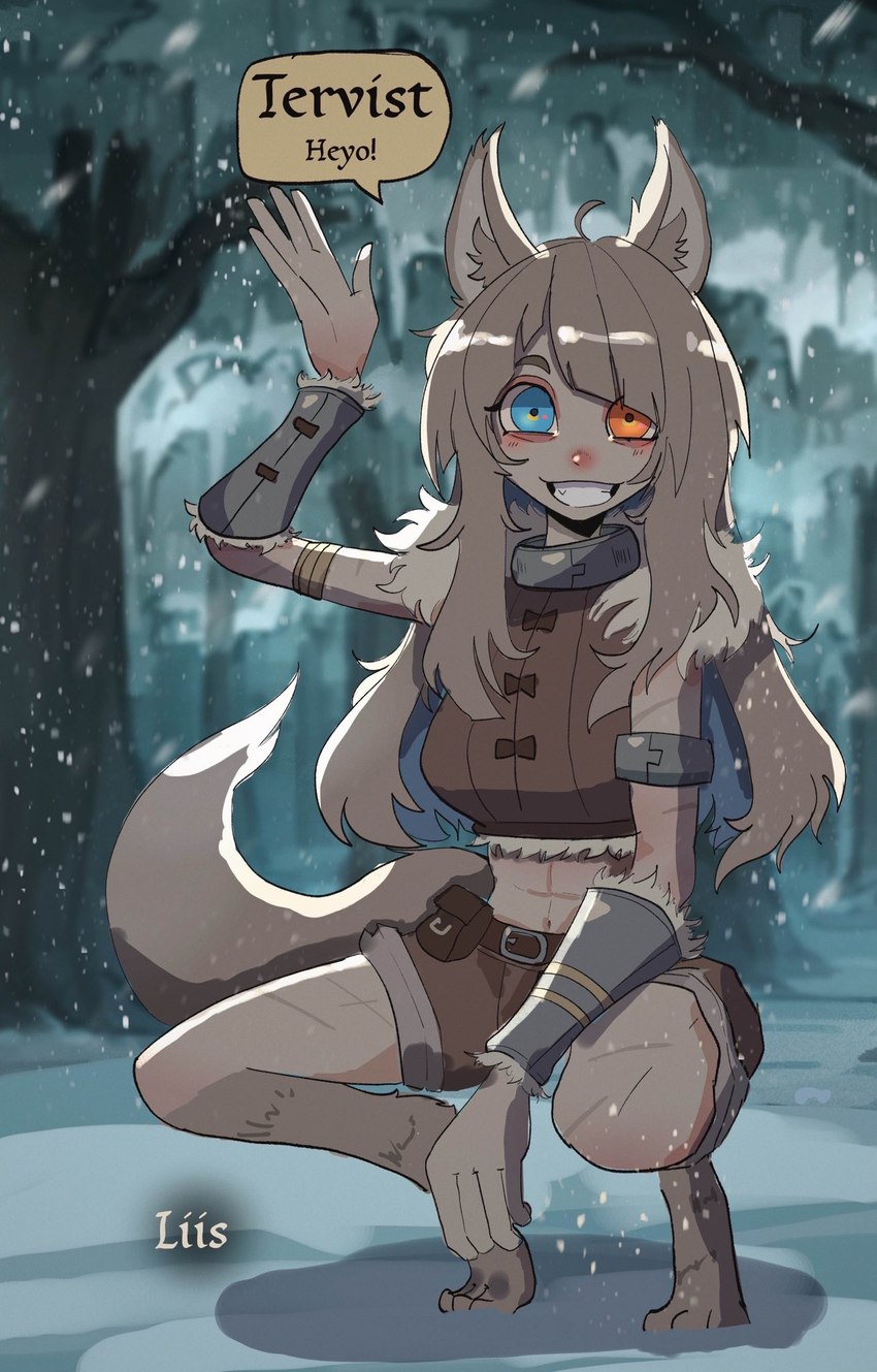 female heterochromia looking_at_viewer muscular outside smile snow snowing solo speech_bubble tail text wave basedbinkie chivalry_starved liis_(basedbinkie) animal_humanoid canid canid_humanoid canine canine_humanoid canis humanoid mammal mammal_humanoid wolf wolf_humanoid hi_res