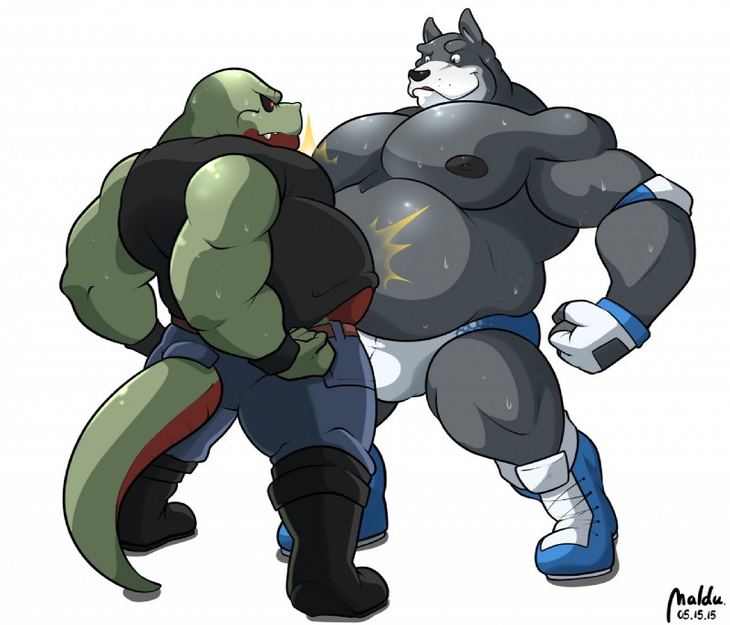 anthro belly belly_bump biceps big_belly big_muscles black_sclera bodily_fluids boots bulge clothed clothing duo elbow_pads fingerless_gloves footwear gloves handwear male musclegut muscular muscular_male nipples overweight pecs shirt shoes speedo sweat swimwear tail tank_top topless topwear underwear maldu hound_(character) canid canine canis dinosaur domestic_dog mammal prehistoric_species reptile scalie