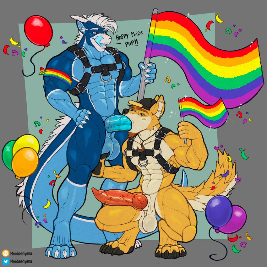 abs animal_genitalia animal_penis anthro anthro_on_anthro anthro_penetrated anthro_penetrating anthro_penetrating_anthro armband balloon balls barazoku baseball_cap beard biceps big_balls big_muscles big_penis blue_background bodily_fluids body_hair border canine_genitalia canine_penis chest_hair claws clothing confetti crouching dialogue digitigrade duo erection eyebrows facial_hair fellatio flag fur genitals grey_border hair harness hat headgear headwear holding_object horn humanoid_genitalia humanoid_penis inflatable knot lgbt_pride licking licking_lips licking_own_lips male male/male male_penetrated male_penetrating male_penetrating_male muscular muscular_anthro muscular_male narrowed_eyes navel nude open_mouth open_smile oral oral_penetration pecs penetration penile penis penis_in_mouth pride_color_flag pride_colors rainbow_flag rainbow_pride_colors rainbow_pride_flag rainbow_symbol saliva saliva_on_penis self_lick sex sheath simple_background smile sparkles standing teeth text tongue tongue_out tuft vein veiny_penis meebeehyena lgbt_pride_month mythology daxterdingo nighdruth_(character) canid canine canis dingo dragon mammal mythological_creature mythological_scalie scalie wingless_dragon 1:1 2024 english_text hi_res