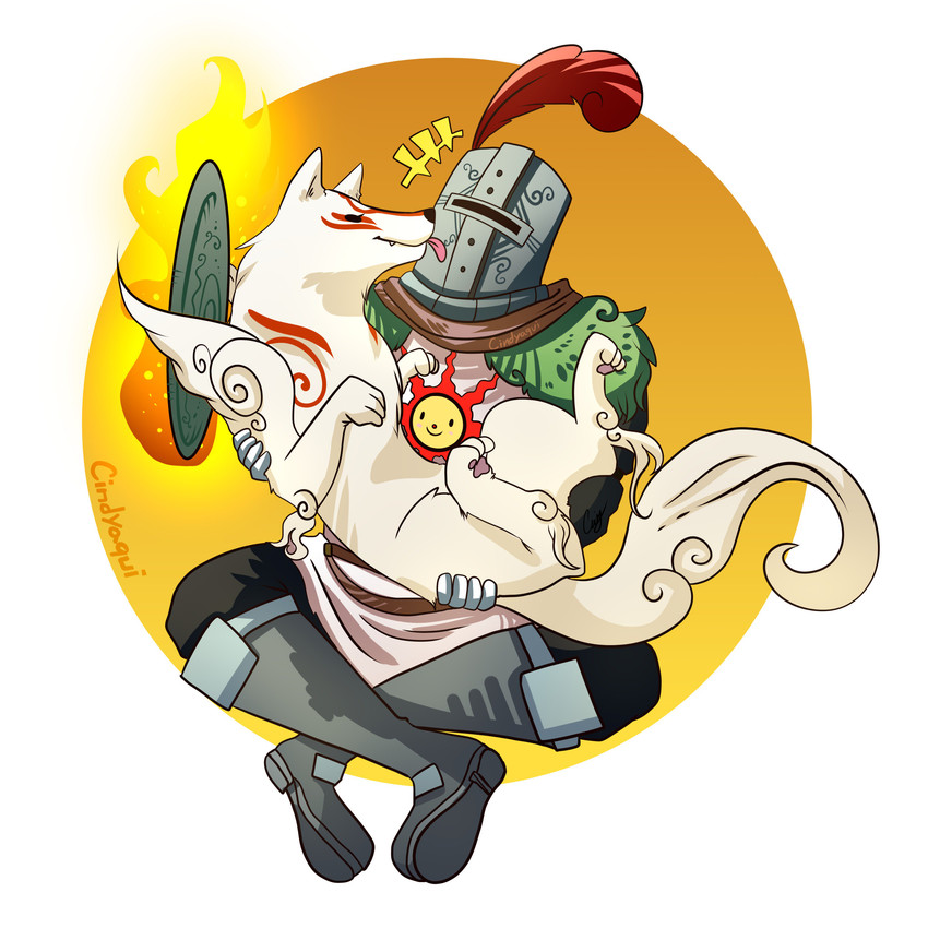 amaterasu and solaire of astora (okami (capcom) and etc) created by cindyaqui