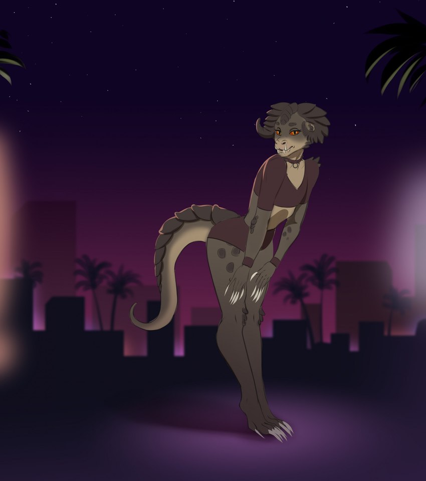 anthro bottomwear brown_body brown_scales choker claws clothing crop_top femboy finger_claws horn hotpants jewelry leaning leaning_forward looking_at_viewer male necklace palm_tree plant pupils purple_background red_eyes scales shirt shorts simple_background slit_pupils solo toe_claws topwear tree kadzukai fallout microsoft ashe_colter deathclaw reptile scalie hi_res