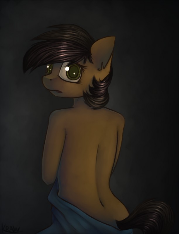 anthro bare_back covering covering_self female hair looking_at_viewer looking_back simple_background solo marsminer hasbro my_little_pony fan_character pluto_ellipse equid equine horse mammal pony 2017 hi_res