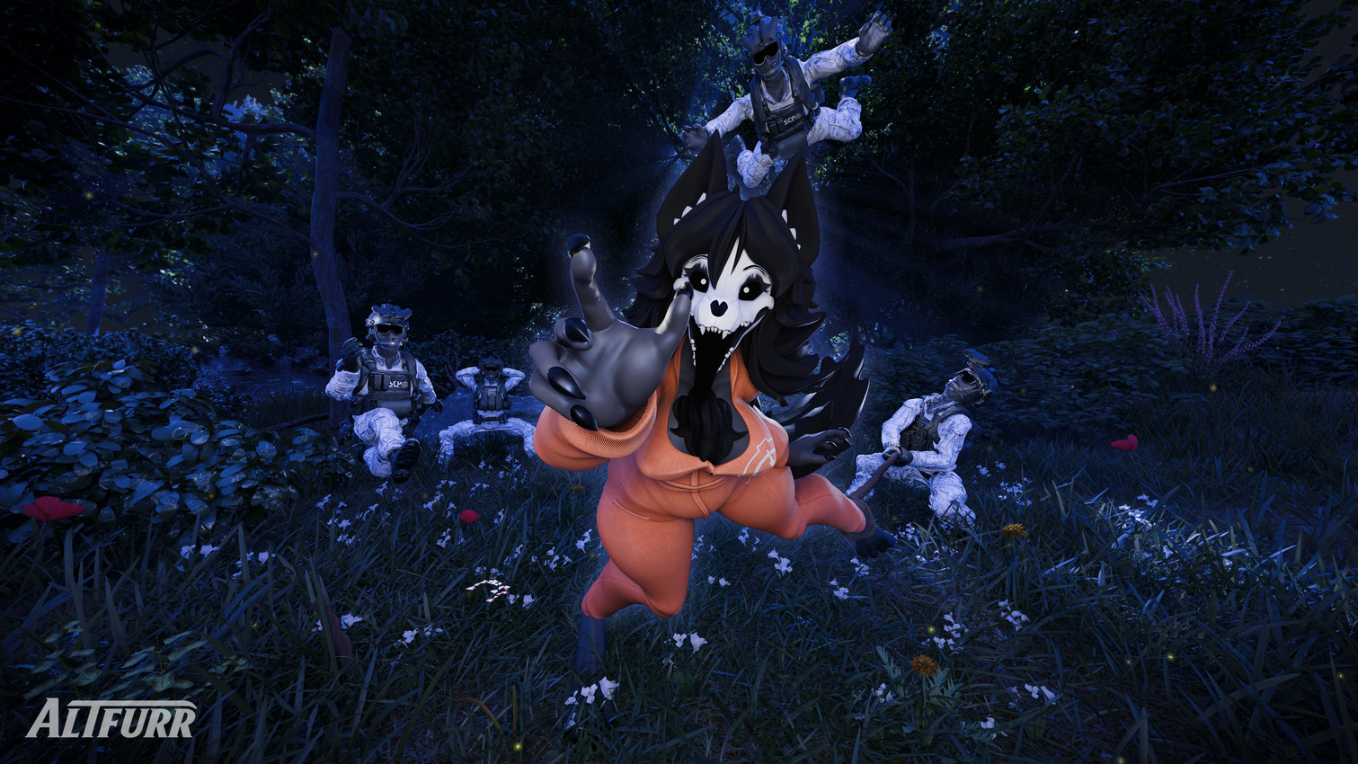 anthro big_breasts black_body black_fur black_hair bone breasts clothed clothing female forest forest_background fur group hair jumpsuit male male/female military military_uniform nature nature_background plant reaching_towards_viewer rope security skull skull_head tail thick_thighs tree uniform altfurr cryptiacurves_(modeler) da.nilkaz_(modeler) scp_foundation mal0 scp-1471-a scp-1471-a_(da.nilkaz) canid canine human humanoid malo mammal 16:9 3d_(artwork) absurd_res digital_media_(artwork) hi_res huge_filesize widescreen