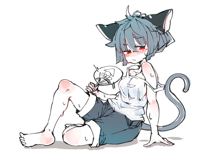 ahoge blush bodily_fluids bottomwear breasts clothed clothing fanning fanning_self feet female grey_hair hair hand_fan medium_breasts red_eyes short_hair shorts sitting soles solo sweat sabitare touhou nazrin animal_humanoid humanoid mammal mammal_humanoid mouse_humanoid murid murid_humanoid murine murine_humanoid rodent rodent_humanoid hi_res