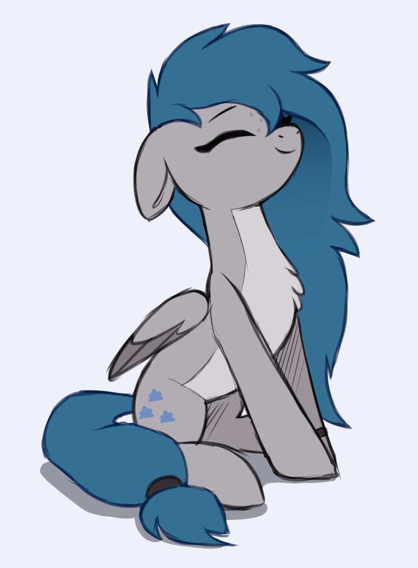 accessory blue_hair blue_tail chest_tuft cutie_mark eyes_closed female feral folded_wings freckles fur furgonomics grey_body grey_fur hair happy long_hair long_mane sitting smile solo tail tail_accessory tuft wings luminousdazzle hasbro my_little_pony mythology fan_character equid equine mammal mythological_creature mythological_equine pegasus hi_res