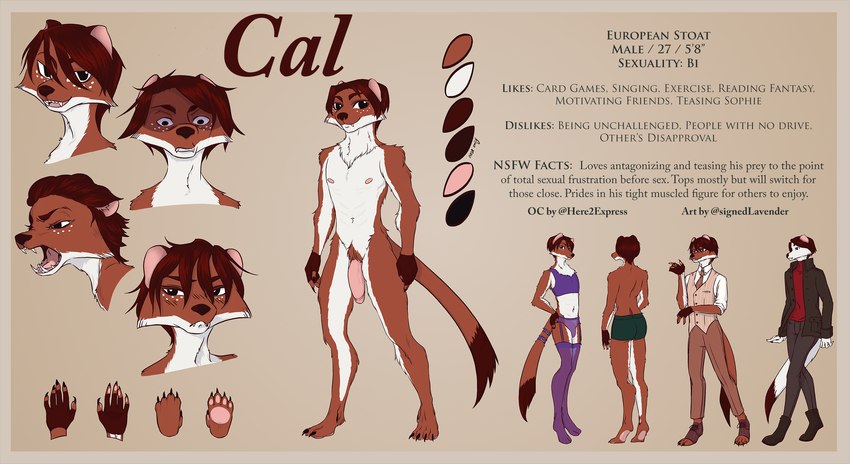 anthro clothed clothing fur genitals hair lingerie looking_at_viewer male nipples nude solo text signed.lavender cal_(here2express) mammal mustelid musteline stoat true_musteline weasel english_text hi_res model_sheet